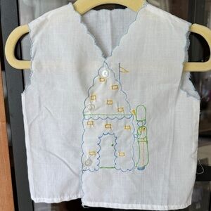 Vintage 1940s Baby Bib Vest Hand Embroidered Castle Soldier Heirloom boy smock
